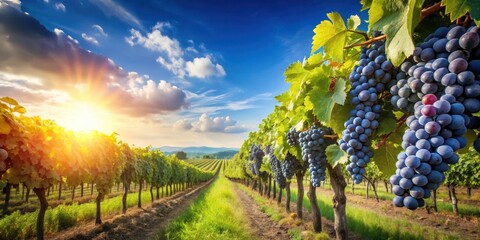 Naklejka premium Beautiful vineyard under clear blue sky with ripe grapes ready for harvest, vineyard, grapes, harvest, winery, agriculture, fresh