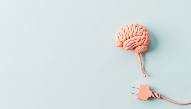 A conceptual depiction of a brain model connected to an electrical plug, symbolizing mind, technology, and innovation. Captured with a minimalistic composition and soft pastel colors.

