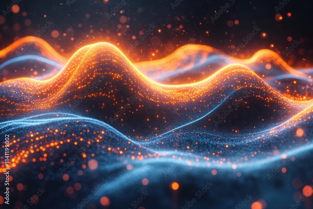 Poster abstract cyberpunk soundwave visualization with glowing neon lines and dots on dark background
