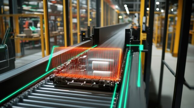 Highresolution imagery of conveyor belts carrying products with an augmented reality overlay illustrating realtime detection of anomalies as highlighted sections pulse with alerts.
