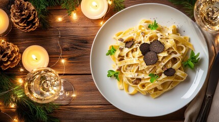 Luxurious Fettuccine with Truffles and Fresh Herbs on Rustic Wooden Table Italian food