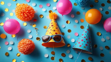 Flatlay of colorful party hats, balloons, confetti, and pom-poms on a blue background.