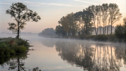 Obraz premium Early morning fog over a calm river with reflections of trees
