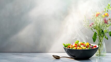 Fresh Vibrant Salad with Colorful Ingredients in a Stylish Bowl on a Marble Table Italian food