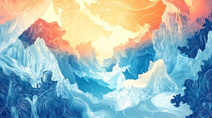 Fototapeta premium Abstract landscape painting of swirling mountains in cool and warm tones.