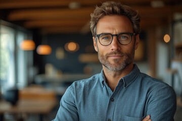Confident mature businesswoman in modern office smiling with arms crossed