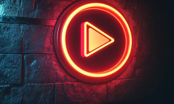 Neon Play Button Sign on Brick Wall