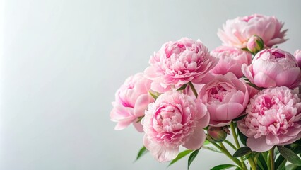 Obraz premium Softly blooming pink peonies against a serene white background, blooming flowers