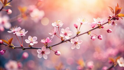 A delicate cherry blossom branch with small, tender heart-shaped leaves and tiny flowers in early spring , nature, heart