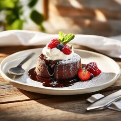 Delicious chocolate lava cake topped with fresh berries and mint on a rustic table