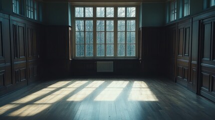 Empty room with large window, sunlight shadows on hardwood floor, dark wooden paneling, and closed doors.
