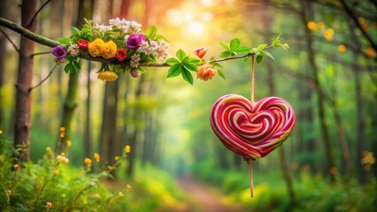 Obraz premium Sweet heart shape lollipop hanging from a tree branch in a forest with colorful flowers and leaves, heart shaped candy, colorful flowers