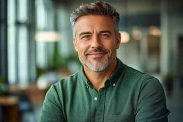 Obraz premium Happy Middle Aged Banker Smiling in Modern Office Setting Professional Businessman Mid Adult Executive