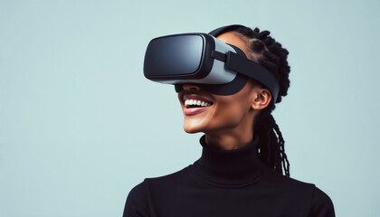Smiling woman wearing a modern virtual reality headset, immersed in a digital experience. The setup suggests personal enjoyment and tech innovation in augmented virtual environments.

