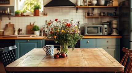 Wooden table with bunch of wildflowers in vase  vegetables  mug and two chairs standing in the center of spacious kitchen of country house 