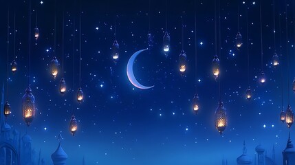 Fototapeta premium Night Sky Illuminated Lanterns Crescent Moon Cityscape