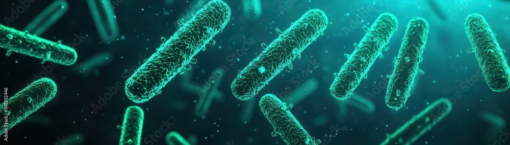 Poster glowing bacteria microbes science background 3d render