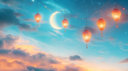 Fototapeta premium Illuminated Lanterns Adorn Evening Sky Crescent Moon