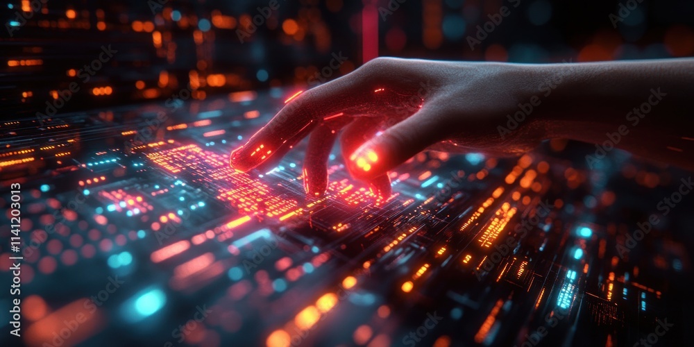 Poster futuristic digital financial interface with glowing graphs and business success analysis
