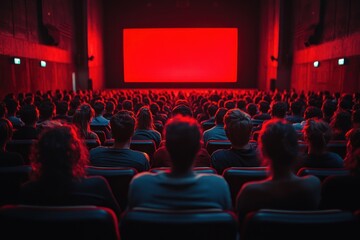 dramatic cinema audience anticipation red lighting empty screen theater modern seats