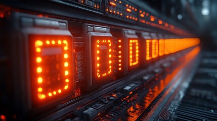 A futuristic, sci-fi scene depicting a row of glowing, illuminated panels with intricate circuitry and glowing orange lights