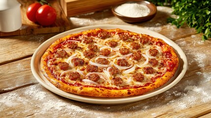 Delicious Pepperoni Pizza with Fresh Ingredients on a Rustic Wooden Table Italian food