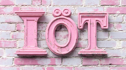 Large pink ionic letters on a brick background. Ionic. Illustration