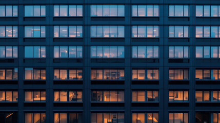 High rise office building with reflective windows showcasing illuminated interiors