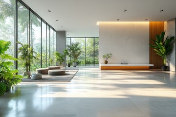 Spacious Modern Office Interior with Bright Natural Light, Minimalist Design, Large Windows, Indoor Plants, and Coworking Desks in a Clean Workspace