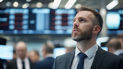A businessman observing stock market data in a trading environment.