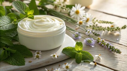 A closeup of a luxurious hair mask creamy and rich smeared artfully across a wooden surface. Surrounding it lush botanical elements such as fresh mint leaves and fragile