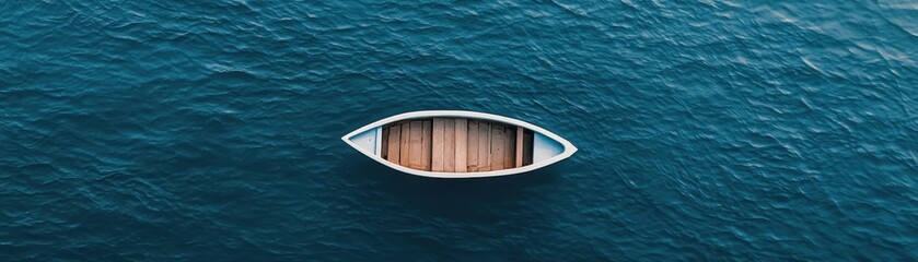 Obraz premium Small Boat Alone on Vast Ocean Aerial View