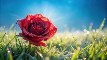 A delicate red rose blossom glistening with morning dew on a grassy lawn under a clear blue sky, clear blue sky, outdoors