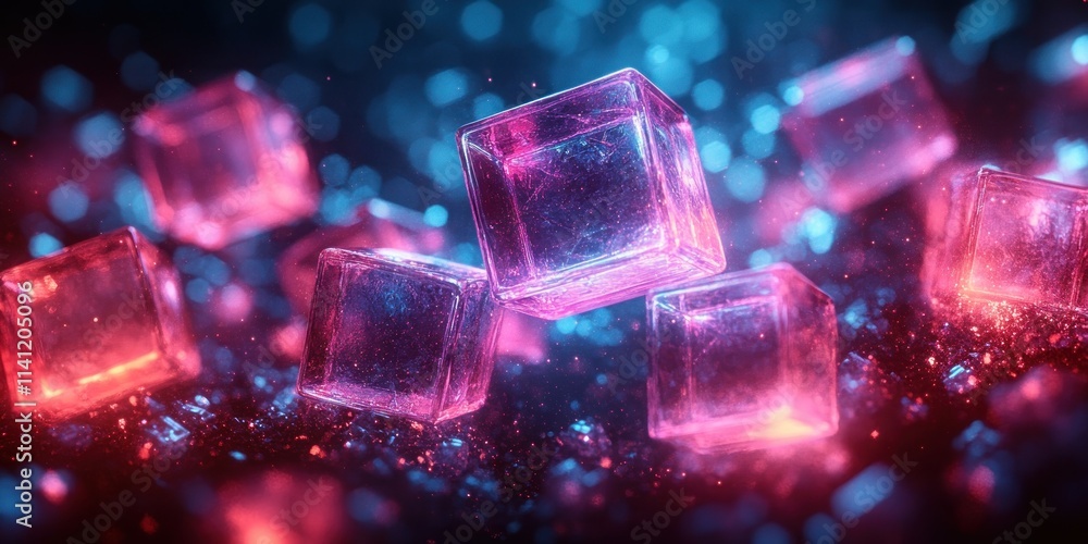 Aufkleber Futuristic Abstract Composition of Illuminated Transparent Cubes in 3D Render with Blue and Purple Lights on Dark Background
