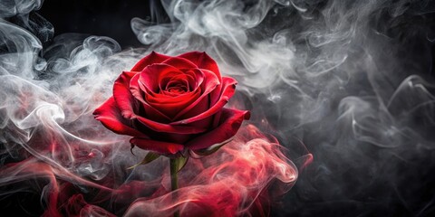 Rose in Red Smoke Swirl on Black Background, romantic mystic atmosphere smoke