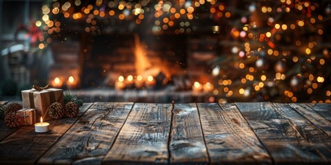 Cozy wooden table adorned with festive decorations, Christmas gifts wrapped in beautiful paper, blurred lights of decorated tree and fireplace in background, holiday cheer atmosphere, copy space.