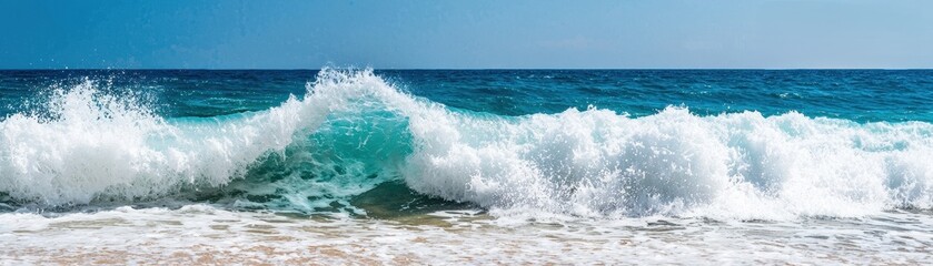 Fototapeta premium Turquoise Ocean Wave Crashing on Sandy Beach Summer Seascape