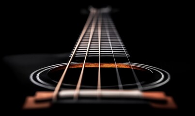 Fototapeta premium Close-up of a guitar neck highlighting strings and sound hole.