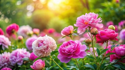 Fototapeta premium Beautiful blooming peony flowers in a lush garden with a mix of pink roses and other colorful flowers, flower garden
