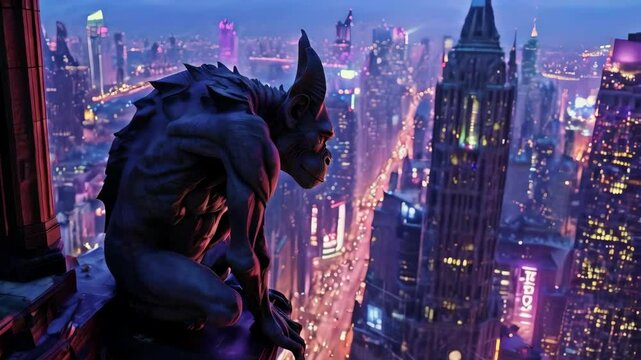 A centuries-old gargoyle comes to life atop a modern skyscraper and begins exploring the neon-lit city streets at night