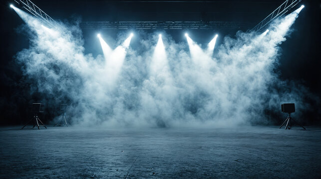 Dynamic fog machines ignite the techno party stage with smoke background.