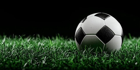 Fototapeta premium leather soccer ball on green grass close-up on black background