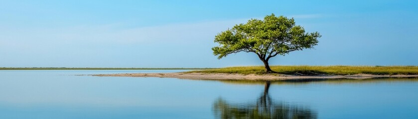 Serene Spring River Landscape with Lone Tree Reflection