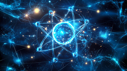 Obraz premium Detailed diagram of blue molecules in chemistry, showcasing complex atomic structures, glowing chemical bonds, and intricate interactions on a scientific background. Ionic. Illustration