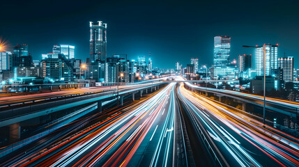 Fototapeta premium Night cityscape with blurred car trails on highways.