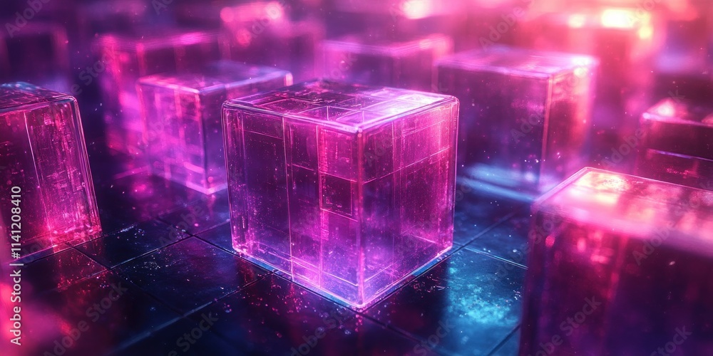 Poster futuristic abstract composition with transparent reflective cubes in soft blue and purple light