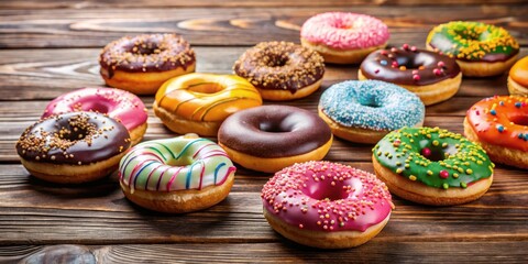 assorted colourful donuts on a wooden table, pastries, donut variety,  pastries,donut variety