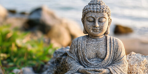 a sculpture of a deity among stones on the seashore in close-up