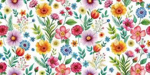Colorful floral patterns repeating on a white background, botanical, seamless design