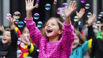 At the street party, children grasped soap bubbles with their hands. Happy bubble holiday